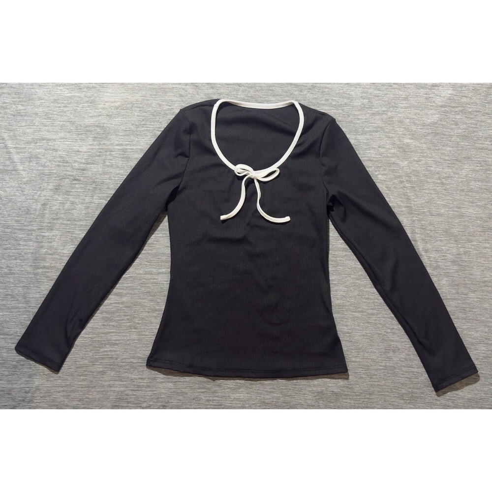 Black Knit Blouse White Bow Contrasting Trim Long Sleeve Top NWOT Coquette Y2K